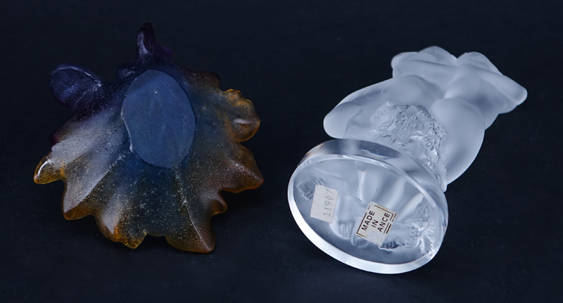 Daum Pate De Verre Butterfly On Leaf Dish and a Lalique "Le Faune" Crystal Figurine. Signed. Good condition. 