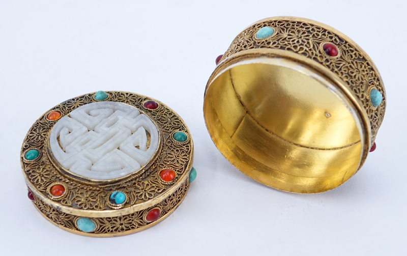 Chinese Gilt Metal Covered Box with Inset Carved White Jade and Cabochon Turquoise and Carnelian. Unsigned.