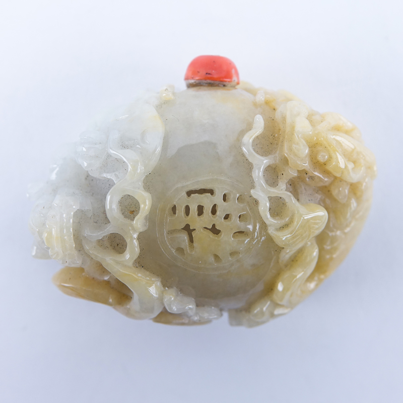 Chinese White / Celadon / Russet Jade Snuff Bottle with Relief Carved Chilong, Bat and Lotus Leaf, Coral Stopper.