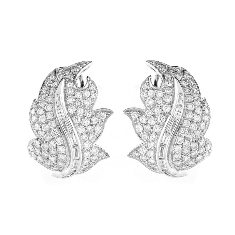 Approx. 4.25 Carat Pave Set Round Brilliant Cut Diamond. Baguette Cut Diamond and Platinum Leaf Earrings.