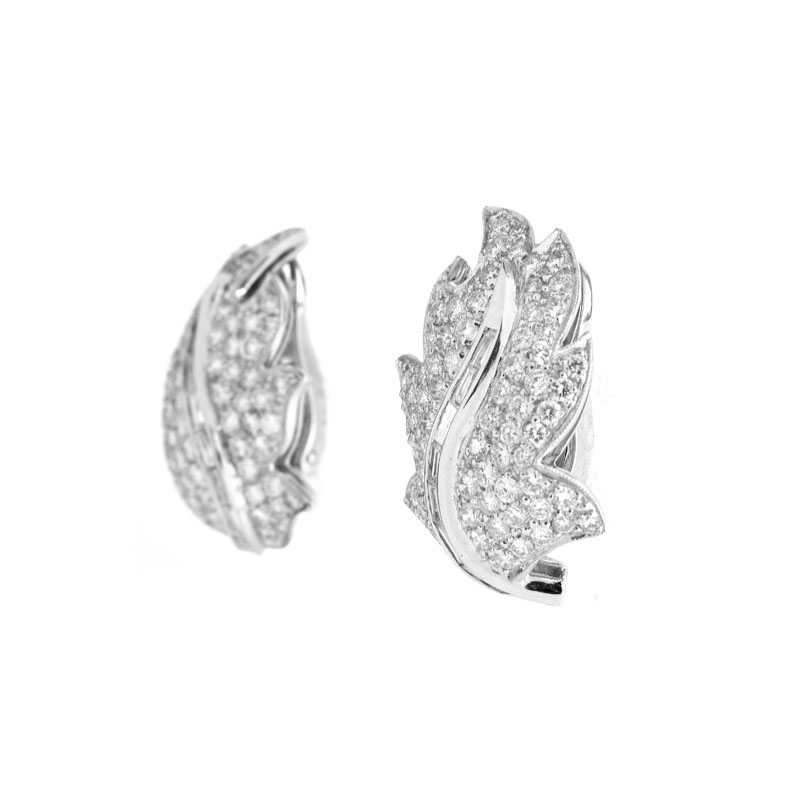 Approx. 4.25 Carat Pave Set Round Brilliant Cut Diamond. Baguette Cut Diamond and Platinum Leaf Earrings.