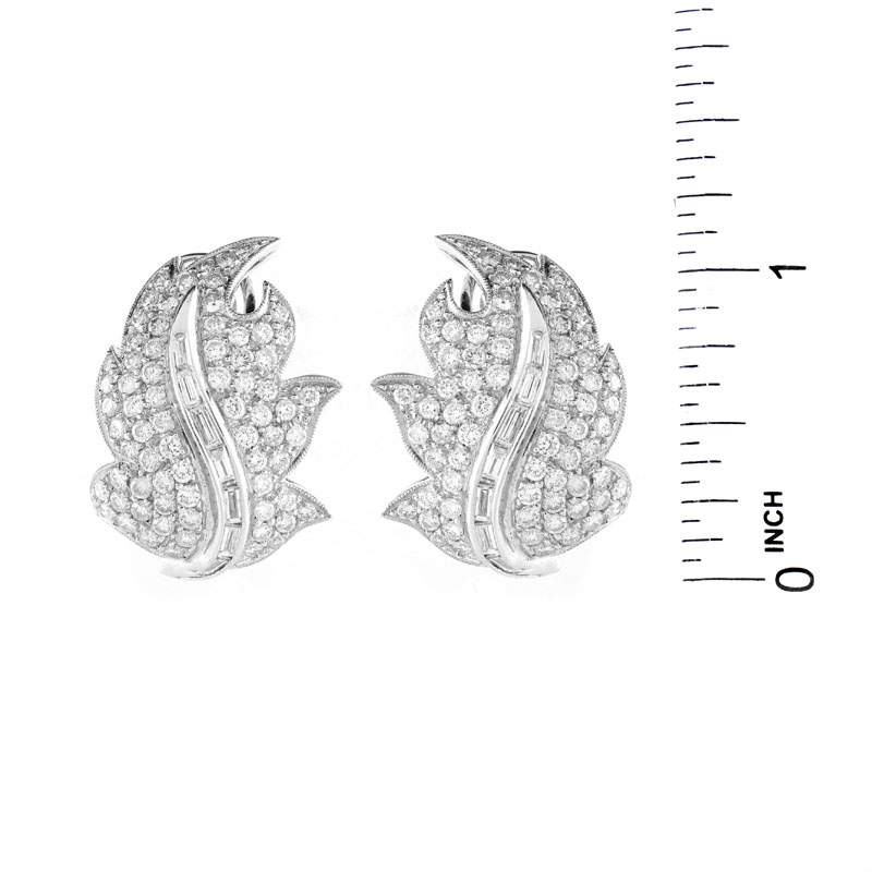 Approx. 4.25 Carat Pave Set Round Brilliant Cut Diamond. Baguette Cut Diamond and Platinum Leaf Earrings.