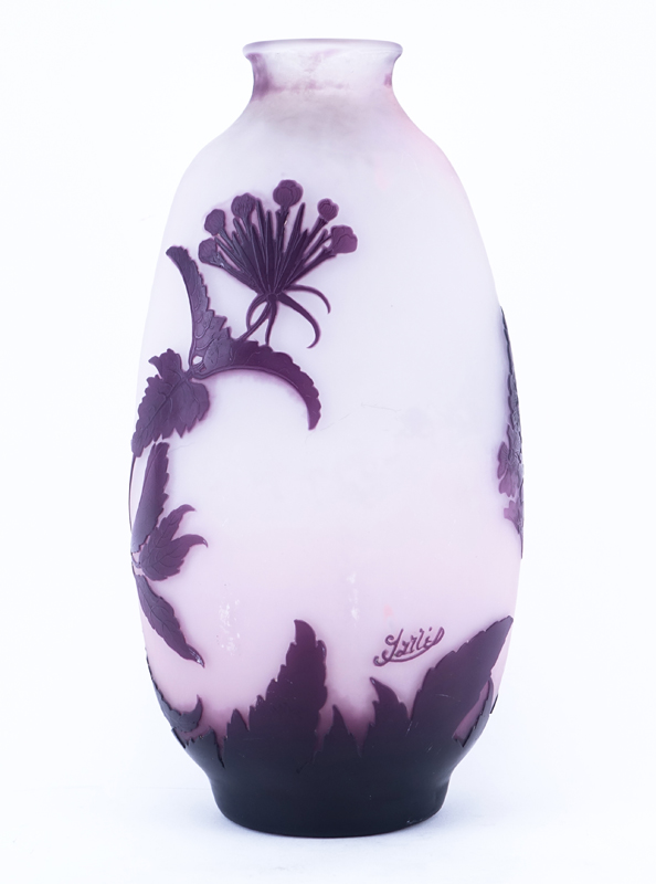 Large Cameo Glass Purple Flower Vase. Polished pontil bottom. Signed Galle. Measures 13" H. 