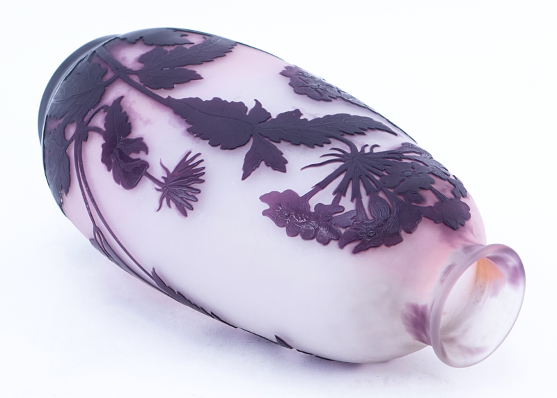Large Cameo Glass Purple Flower Vase. Polished pontil bottom. Signed Galle. Measures 13" H. 