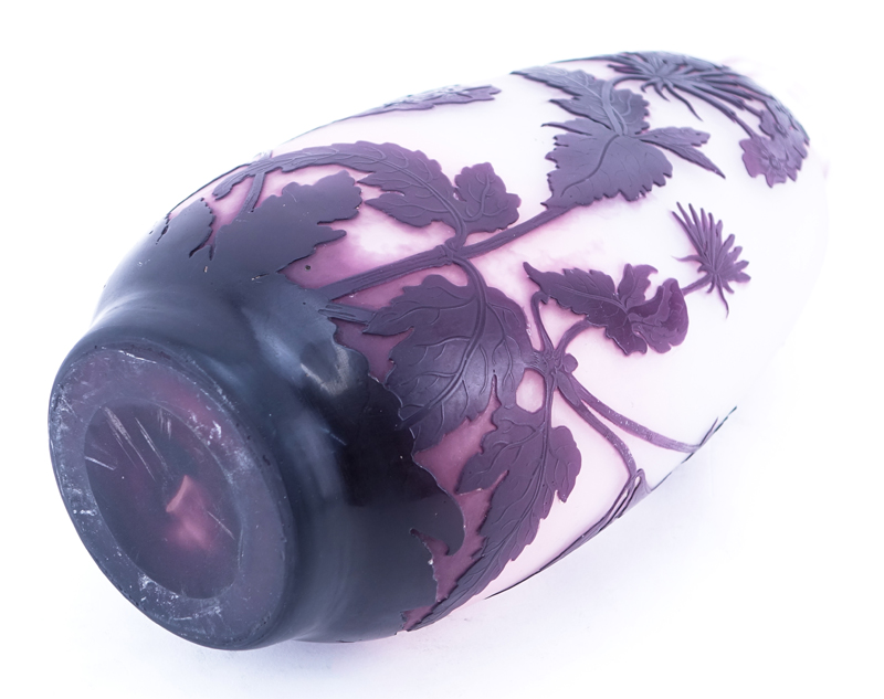 Large Cameo Glass Purple Flower Vase. Polished pontil bottom. Signed Galle. Measures 13" H. 