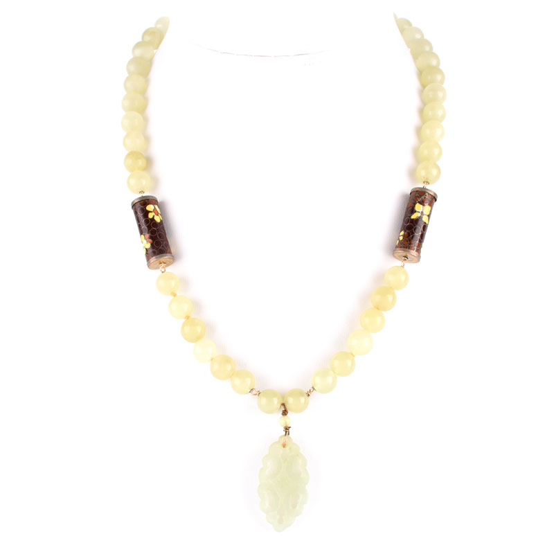 Vintage Chinese Carved Jade, Jade Bead and Cloisonné Bead and 14 Karat Yellow Gold Pendant Necklace.