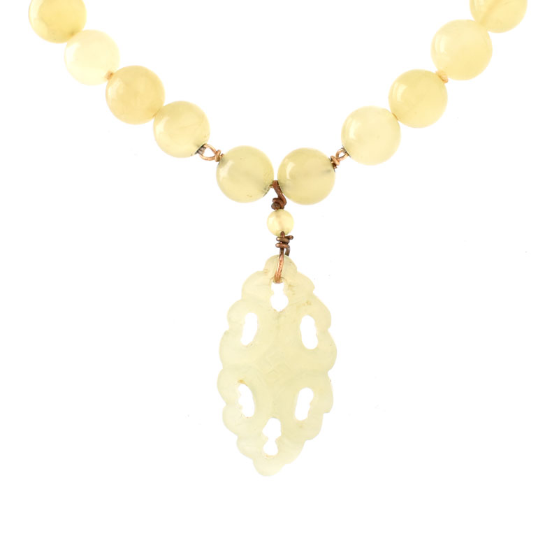 Vintage Chinese Carved Jade, Jade Bead and Cloisonné Bead and 14 Karat Yellow Gold Pendant Necklace.