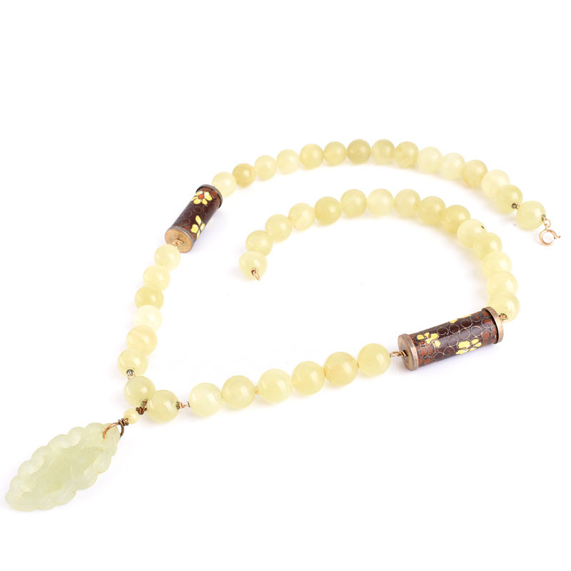 Vintage Chinese Carved Jade, Jade Bead and Cloisonné Bead and 14 Karat Yellow Gold Pendant Necklace.