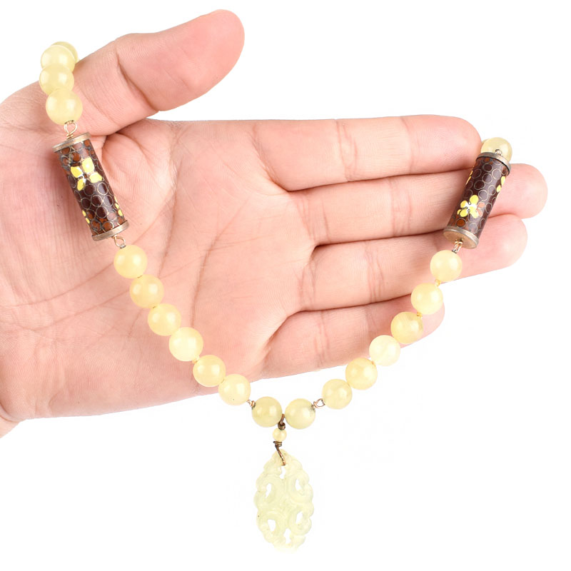 Vintage Chinese Carved Jade, Jade Bead and Cloisonné Bead and 14 Karat Yellow Gold Pendant Necklace.