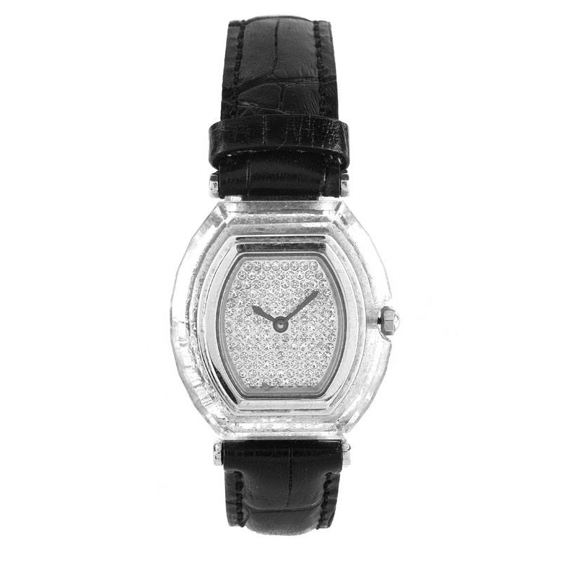 Lady's Vintage Swarovski Crystal and Stainless Steel Quartz Movement Watch with Pave Dial and Leather Strap.