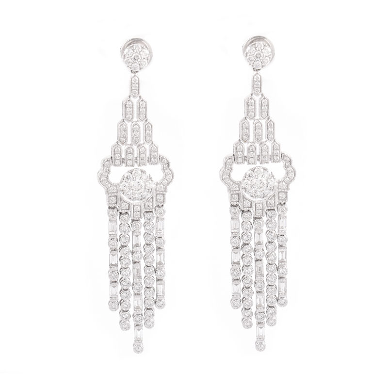 Approx. 3.0 Carat Round Brilliant Cut and Baguette Cut Diamond and 18 Karat White Gold Chandelier Earrings.
