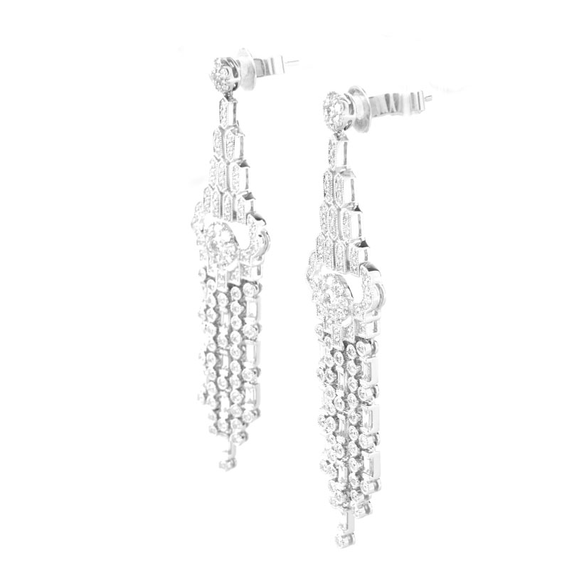 Approx. 3.0 Carat Round Brilliant Cut and Baguette Cut Diamond and 18 Karat White Gold Chandelier Earrings.