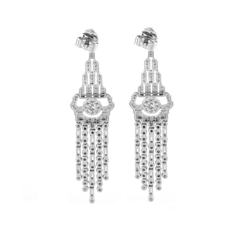 Approx. 3.0 Carat Round Brilliant Cut and Baguette Cut Diamond and 18 Karat White Gold Chandelier Earrings.