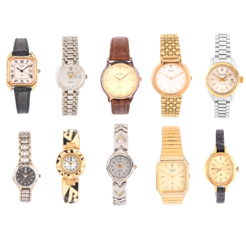 Collection of Ten (10) Vintage Men's and Ladies' Watches Including Two (2) Seiko, One Peugeot, One (1) Citizen, One (1) Bulova, One (1) Geneva, One (1) Cannes, Three (3) Rolex Replica. 