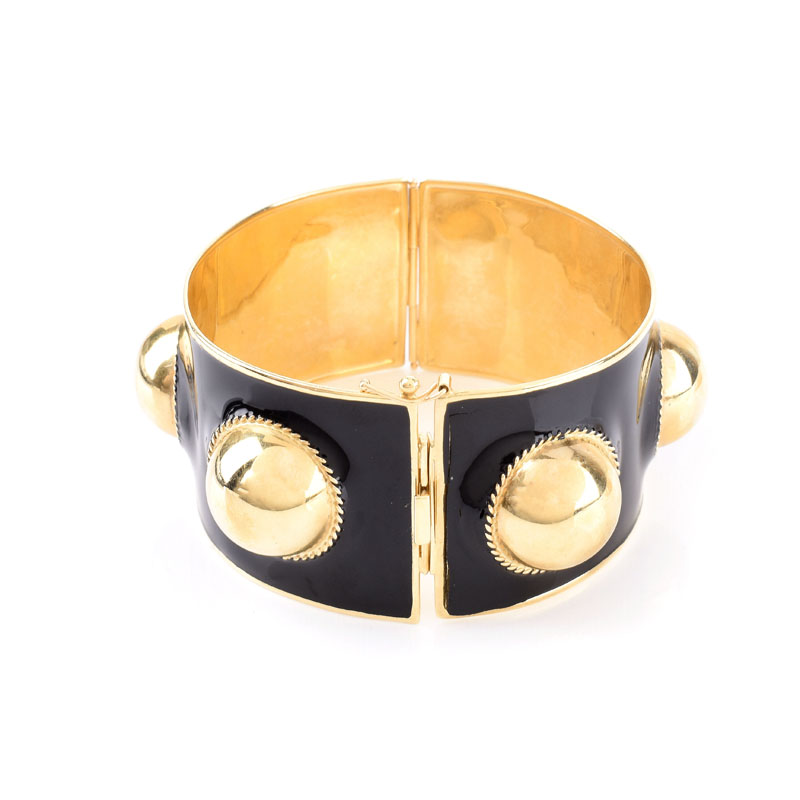 Vintage 14 Karat Yellow Gold and Enamel Wide Hinged Cuff Bangel Bracelet. Stamped 585.