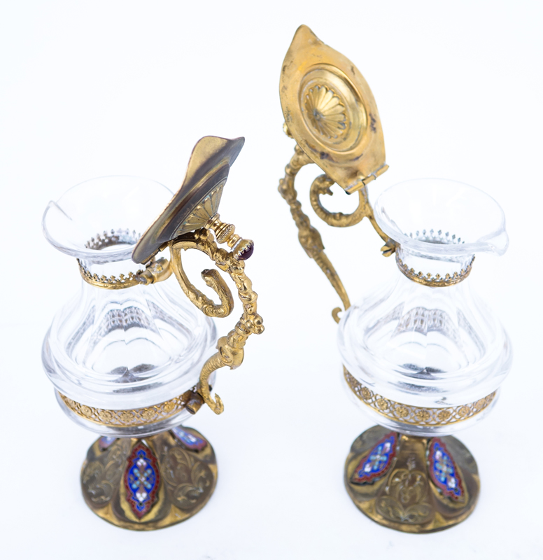Pair of French Bronze Mounted Glass Cruets. With jeweled finials and enameled appliques. Unsigned.