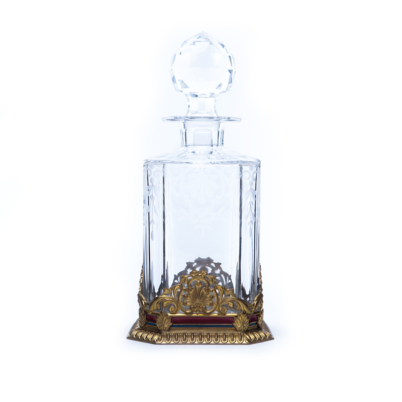 Possibly Baccarat Bronze Mounted Etched Glass Decanter. The bronze with enameled highlights.