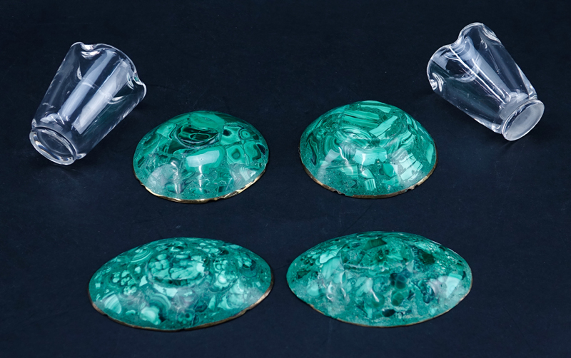 Six (6) Piece Assembled Smoking Set. Includes 4 brass mounted malachite ashtrays and 2 Steuben crystal urns.