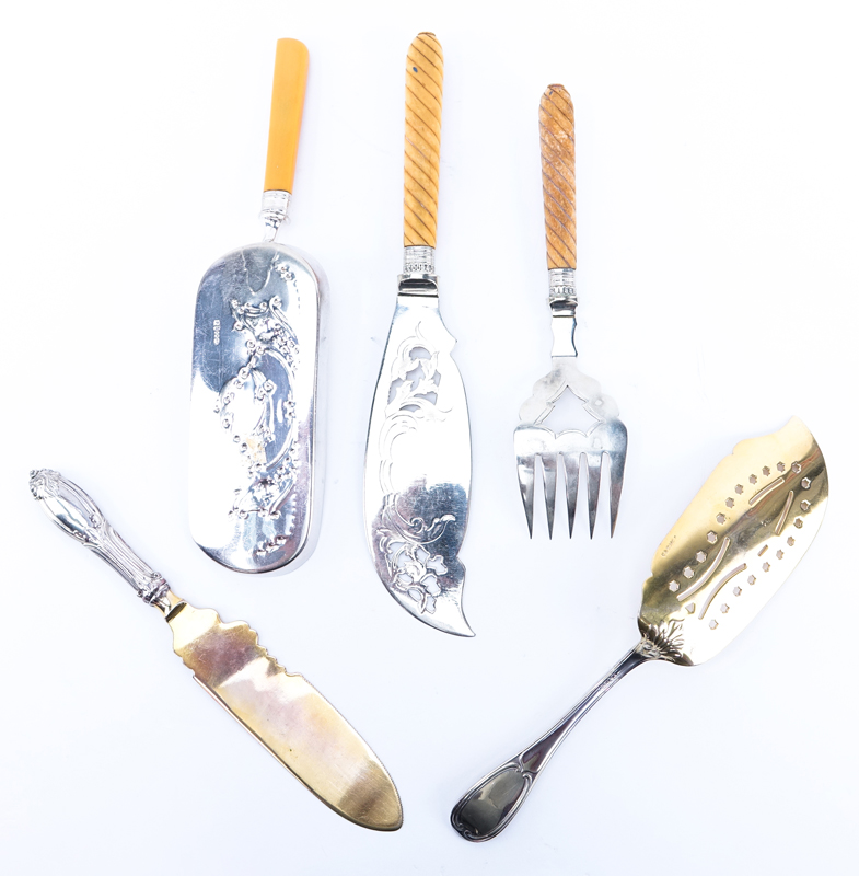 Collection of Five (5) Antique Silver Plate Serving Utensils. Includes: crumber, fish knife and fork set, fish knife (silver handle), fish server.