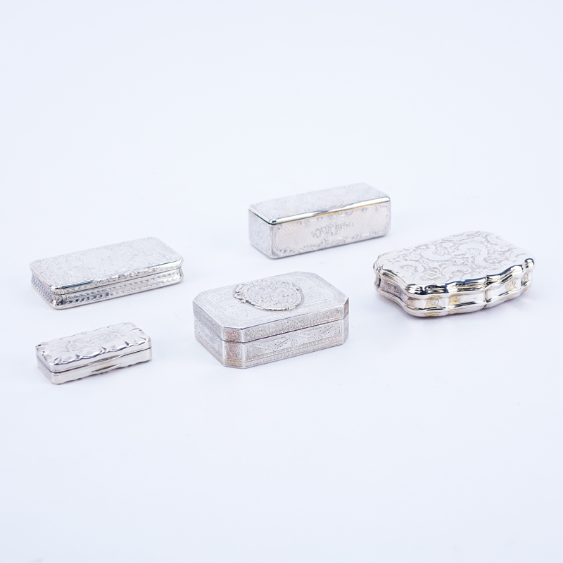Collection of Five (5) Chased Continental Silver Miniature Boxes. Various marks. Good condition.
