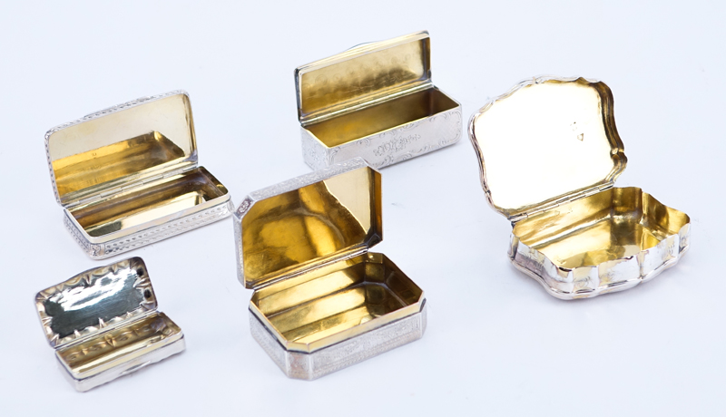 Collection of Five (5) Chased Continental Silver Miniature Boxes. Various marks. Good condition.