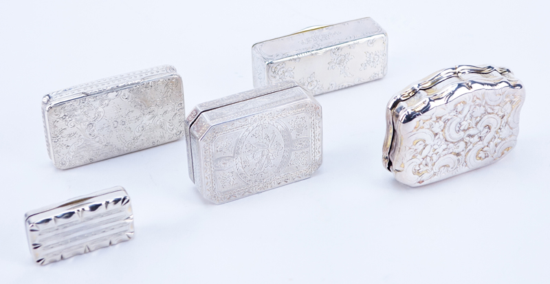 Collection of Five (5) Chased Continental Silver Miniature Boxes. Various marks. Good condition.