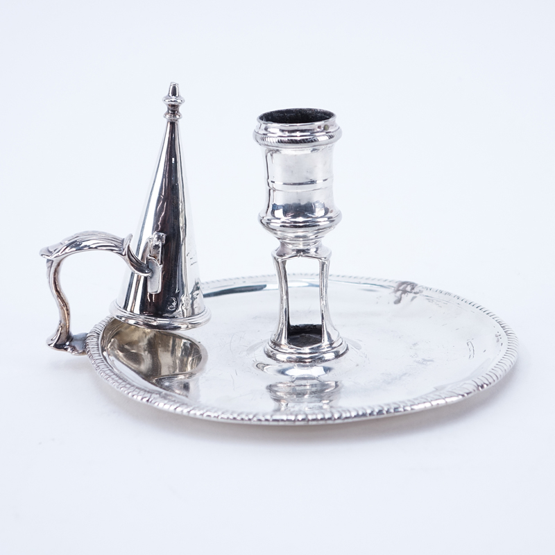 Early 20th Century English Silver Candleholder With Snuffer. Signed with English hallmarks, London 1905. 