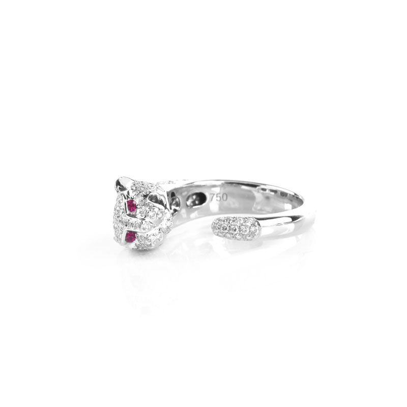 Cartier style Approx. 1.75 Carat Pave Set Round Brilliant Cut Diamond and 18 Karat White Gold Panther Ring Accented with Ruby Eyes.