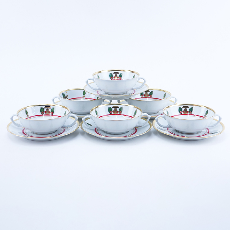 Twelve (12) Cartier "La Maison De Louis Cartier" Flat Cream Soup Bowl And Saucer Sets. 