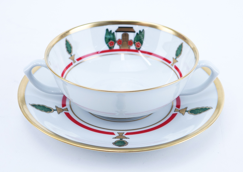 Twelve (12) Cartier "La Maison De Louis Cartier" Flat Cream Soup Bowl And Saucer Sets. 