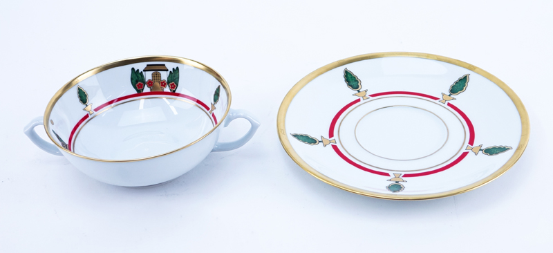 Twelve (12) Cartier "La Maison De Louis Cartier" Flat Cream Soup Bowl And Saucer Sets. 