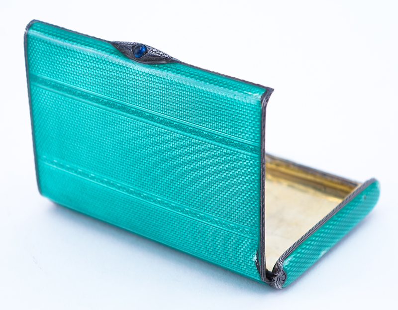 Antique Gilt Silver And Guilloche Enamel Card Box. The case of bright green enamel, the interior is gilt.