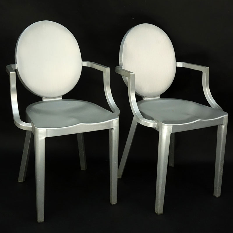 Two (2) Phillippe Starck for Emeco Brushed Aluminum Kong Armchairs. Marked. Good condition.