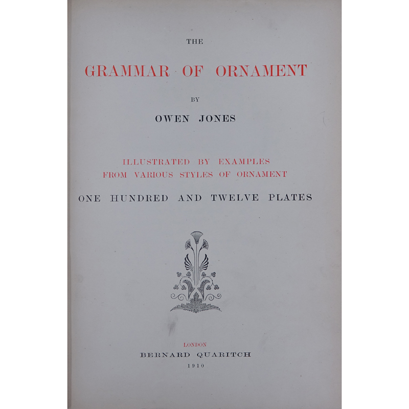 Owen Jones, British (1809–1874) Book with color plates "The Grammar of Ornament" 1910. Hardcover, gilt edges.