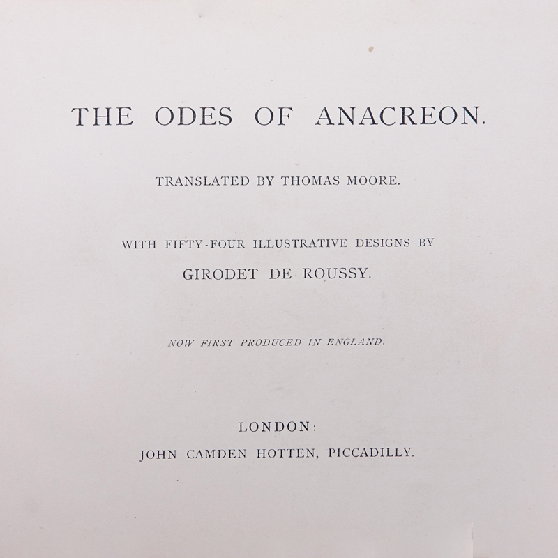 1869 Edition Book "Odes Of Anacreon" Hardcover, gilt edges. Binder's label in back cover: 