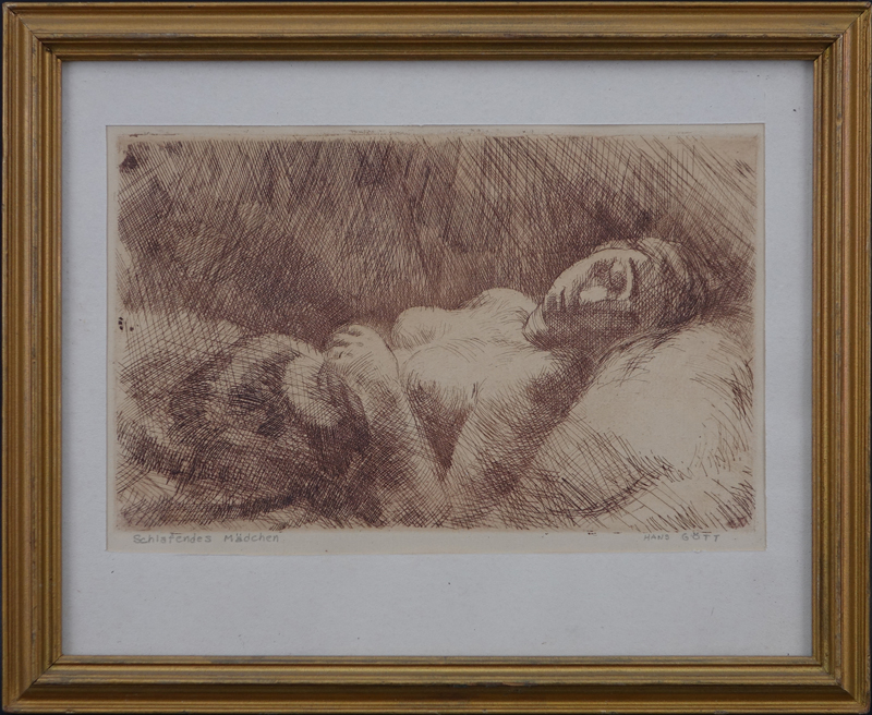 Hans Gott, German (1883-1974) Etching "Schlafendes Madchen". Signed and titled in pencil. 