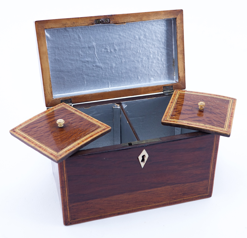 Antique English Banded Inlaid Tea Caddy. Unsigned. Good Condition. Measures 5" H x 7-3/8" W x 4-1/8" D.