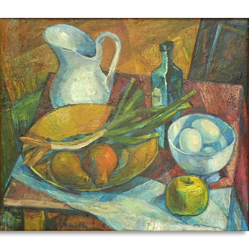 Janos Kmetty, Hungarian  (1889 - 1975) Oil on Canvas, Still Life with Fruits and Table Top Items, Signed Lower Left.