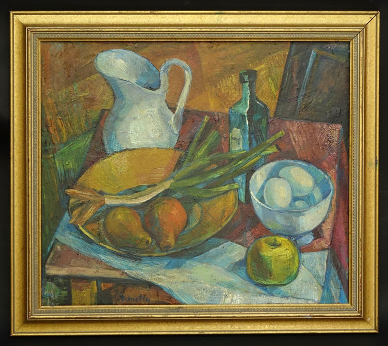 Janos Kmetty, Hungarian  (1889 - 1975) Oil on Canvas, Still Life with Fruits and Table Top Items, Signed Lower Left.