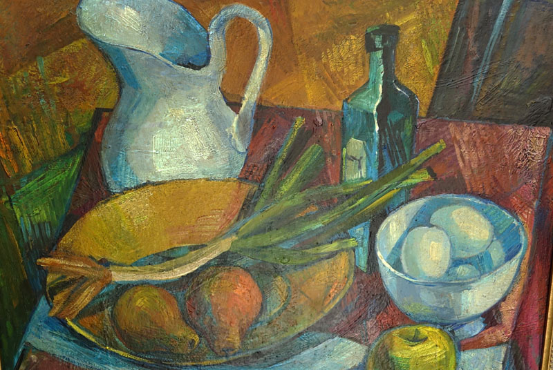 Janos Kmetty, Hungarian  (1889 - 1975) Oil on Canvas, Still Life with Fruits and Table Top Items, Signed Lower Left.
