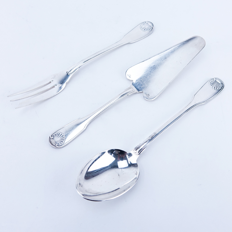 Three (3) Christofle Vendome-Arcantia Silverplate Serving Pieces. Includes Serving spoon and fork set, cake/pie server. 