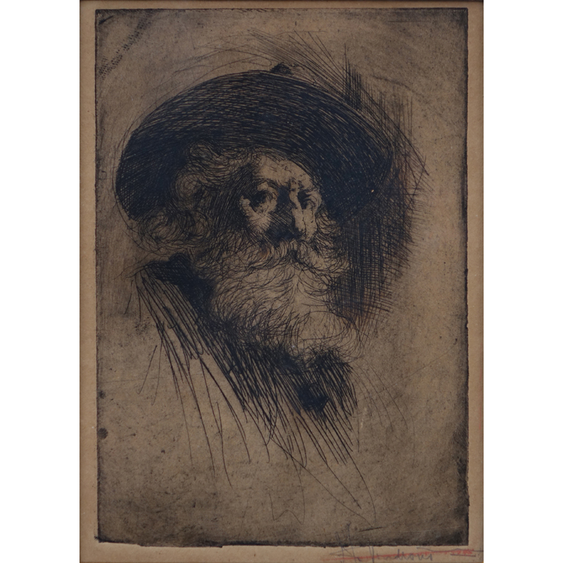 Antique Etching, Portrait of a Bearded Man with Hat, Signed Lower Right. Possibly after Rembrandt.