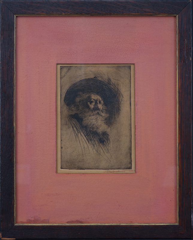 Antique Etching, Portrait of a Bearded Man with Hat, Signed Lower Right. Possibly after Rembrandt.