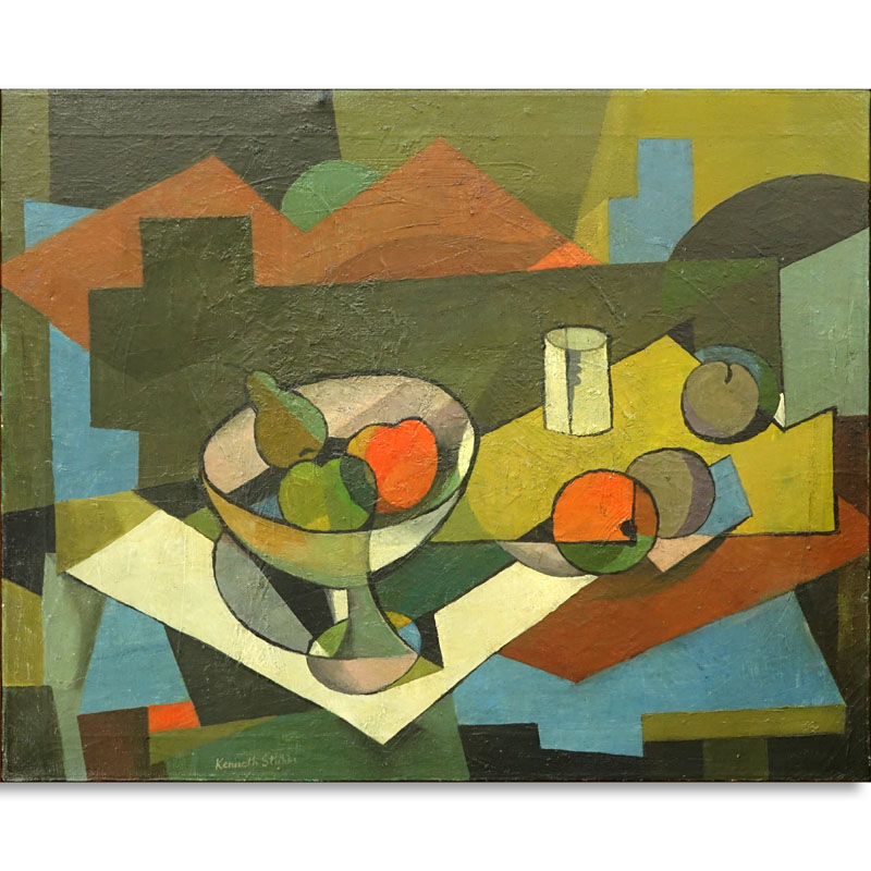 Kenneth Stubbs, American  (1907 - 1967) Oil on Canvas, Abstract Still Life Fruits, Signed Lower Left.