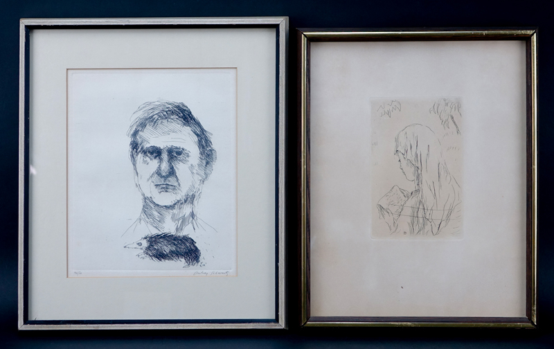 Grouping of Two (2): Pierre Bonnard (1867 - 1947) "Jeune Fille Lisant" Etching and Aubrey Schwartz (born 1928) "Self Portrait with Shrew" Lithograph.