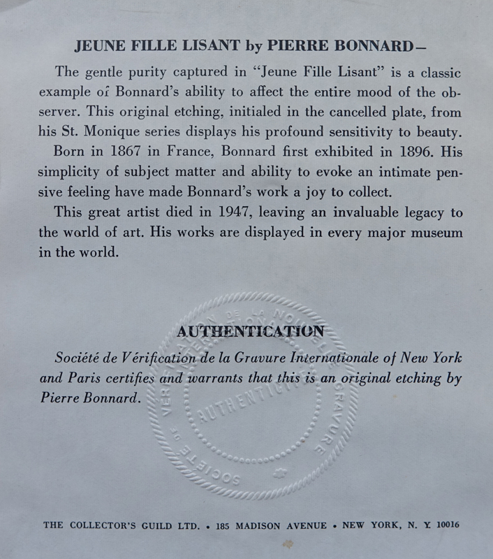 Grouping of Two (2): Pierre Bonnard (1867 - 1947) "Jeune Fille Lisant" Etching and Aubrey Schwartz (born 1928) "Self Portrait with Shrew" Lithograph.