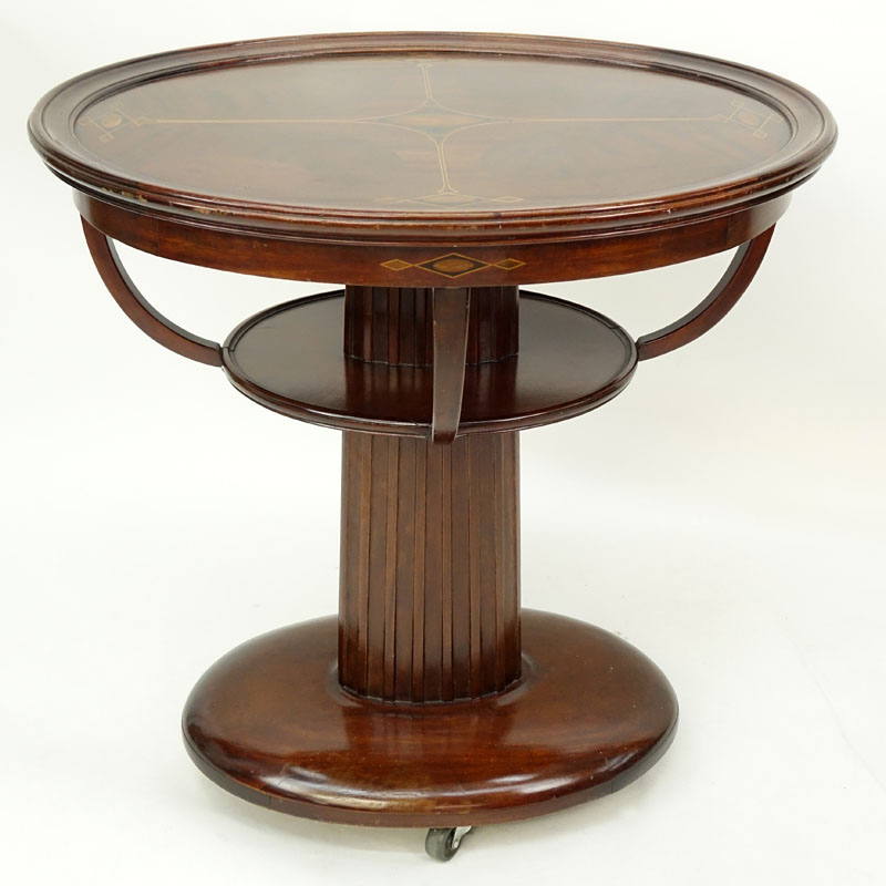 Antique Miller Cabinet Co. Mahogany Inlaid Oval Table on Wheels. Miller Cabinet Co., Rochester, N.Y. No. 