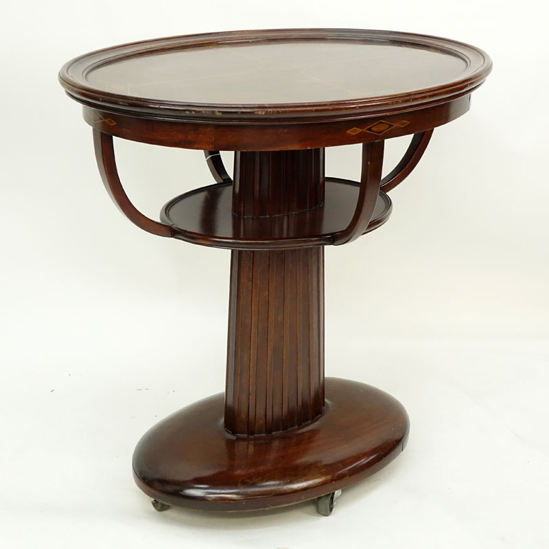 Antique Miller Cabinet Co. Mahogany Inlaid Oval Table on Wheels. Miller Cabinet Co., Rochester, N.Y. No. 