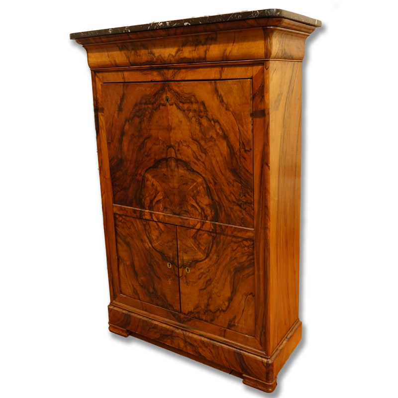 French Louis Philippe Burled Walnut Secretary Desk Cabinet with Marble Top.