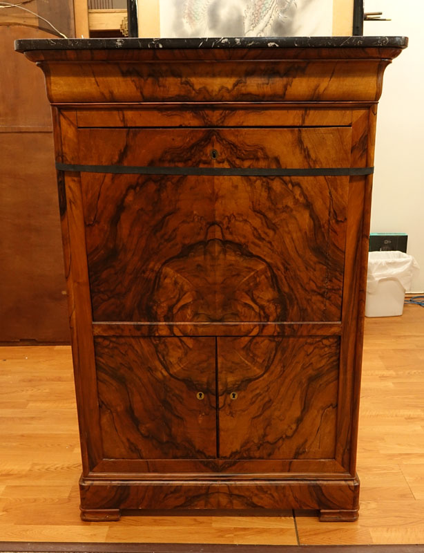 French Louis Philippe Burled Walnut Secretary Desk Cabinet with Marble Top.